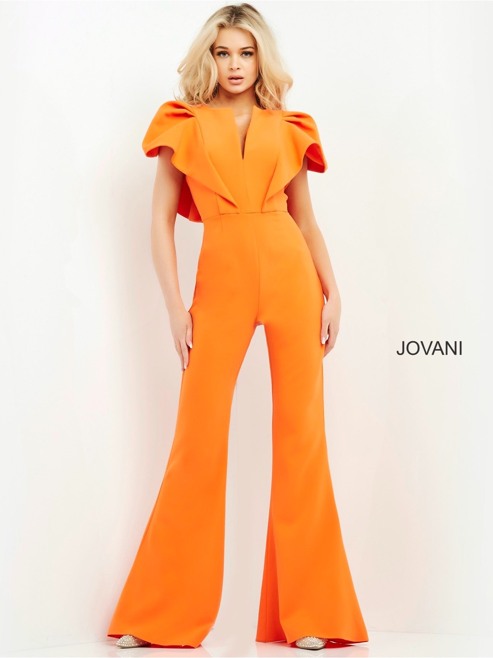 Jovani Bold Orange Ruffle-Sleeve Jumpsuit 00762
